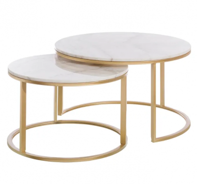 Set 2 mesas centro oro-blanco metal-marmol